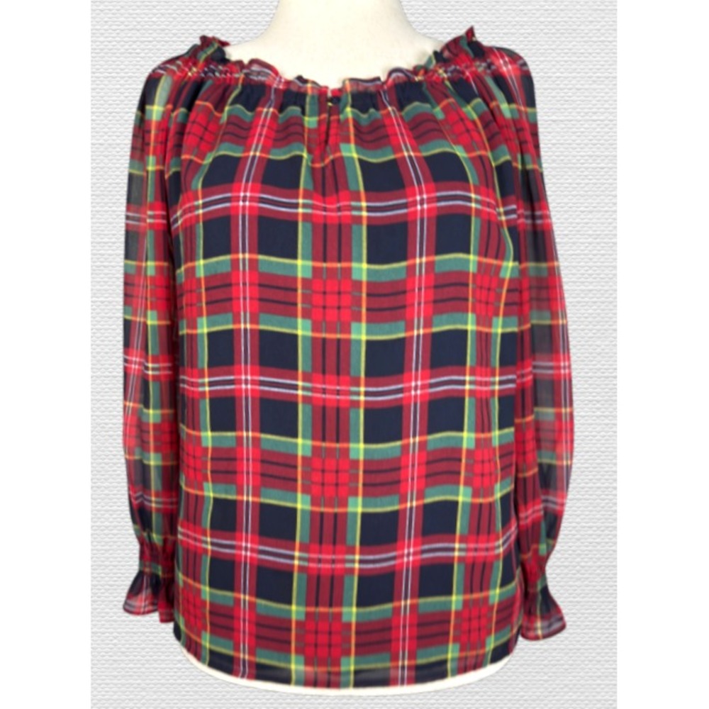 Talbots Tartan Plaid Ruffle Neck Lined Popover Top Sheer Bishop Sleeve Women's S